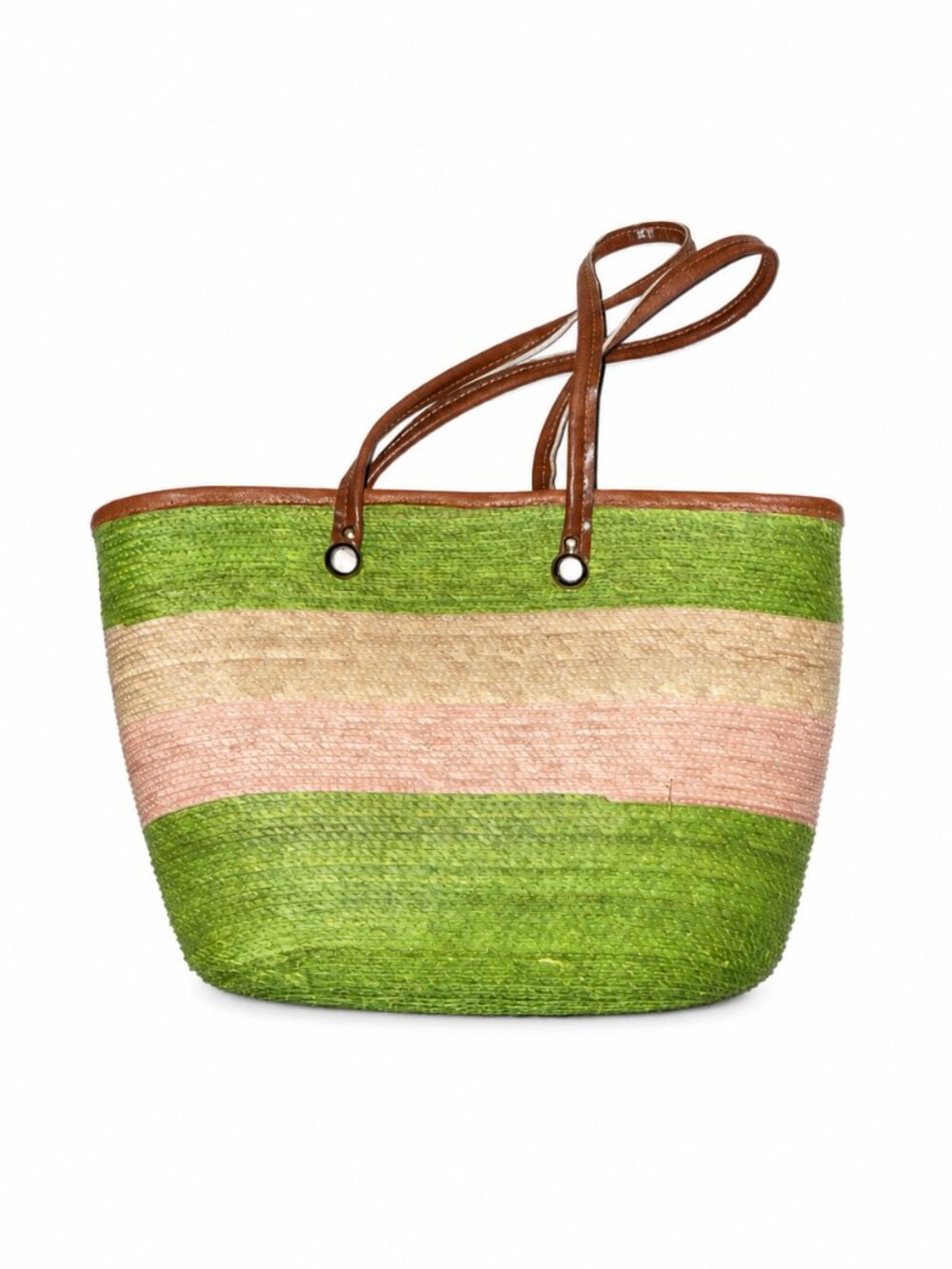 Colorblock Woven Straw Tote Bag Pink Green Brown Boho Summer Resort Purse